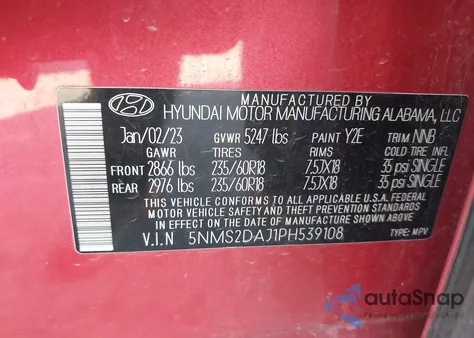 2023 Hyundai Santa Fe Sel z USA, uszkodzony, nr VIN 5NMS2DAJ1PH539108